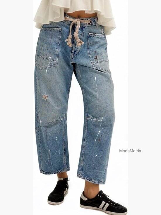 Denim - Mid-Low Rise Barrel Jeans with Drawstring Elastic Waist